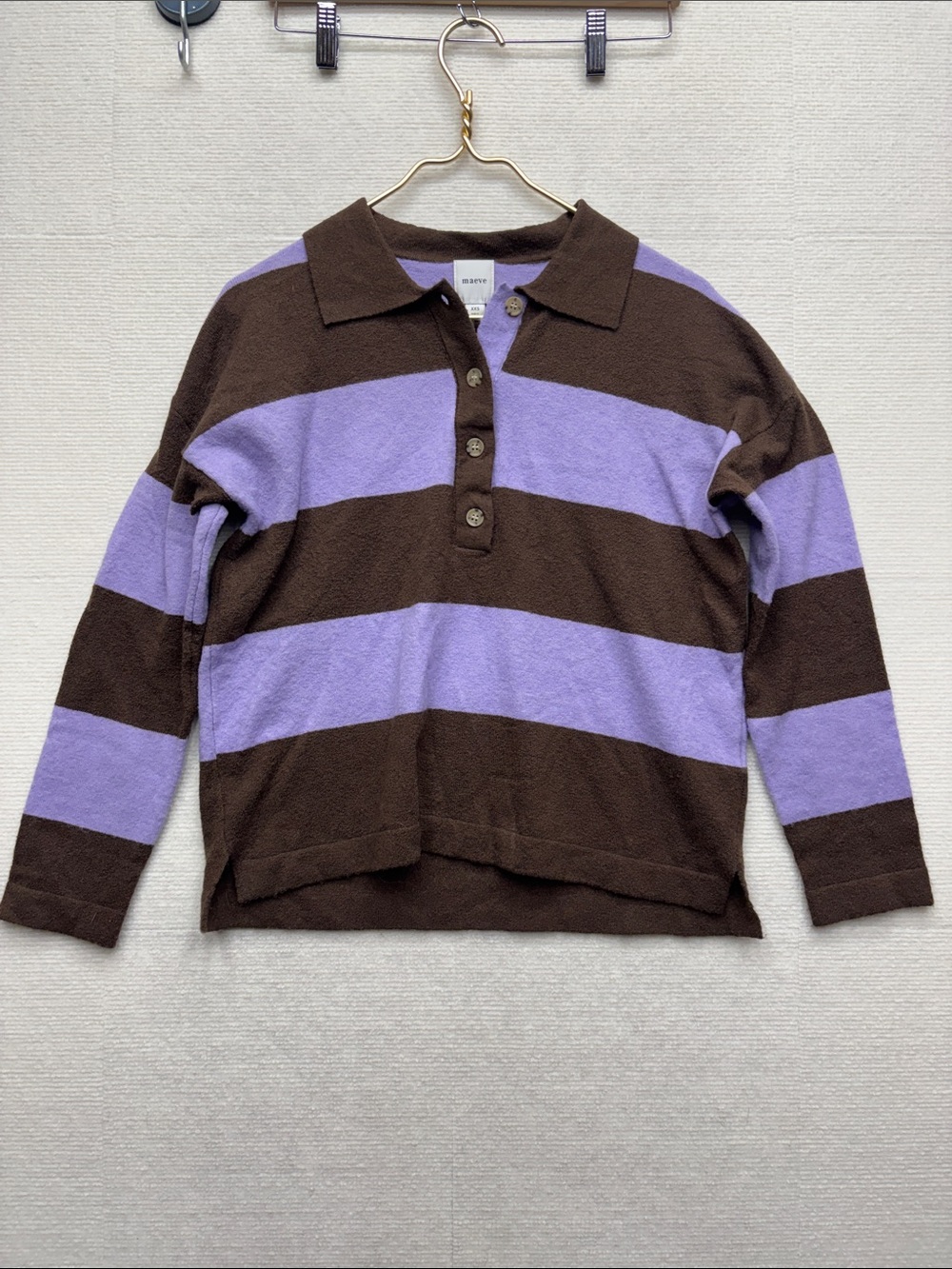 Maeve XXS Striped Rugby Polo Sweater - Brown & Lavender